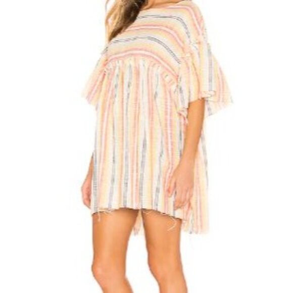 Free People Summer Nights Striped Pastel Boho Dress  Butter Yellow Ruffle Sleeve - Picture 1 of 14